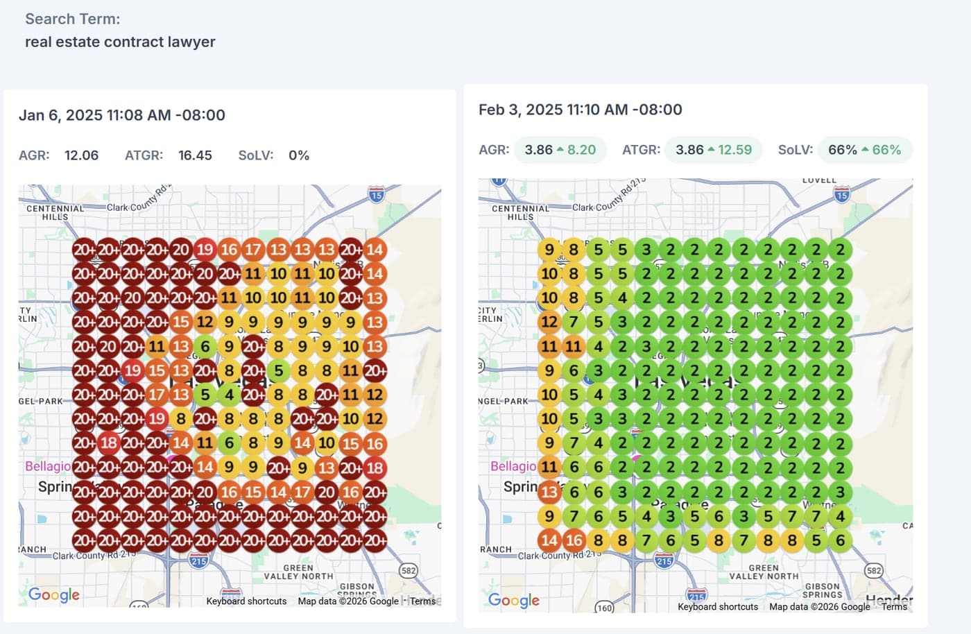 LocalFalcon geo-grid before and after for Real Estate Contract Lawyer: visibility climbing from red to green