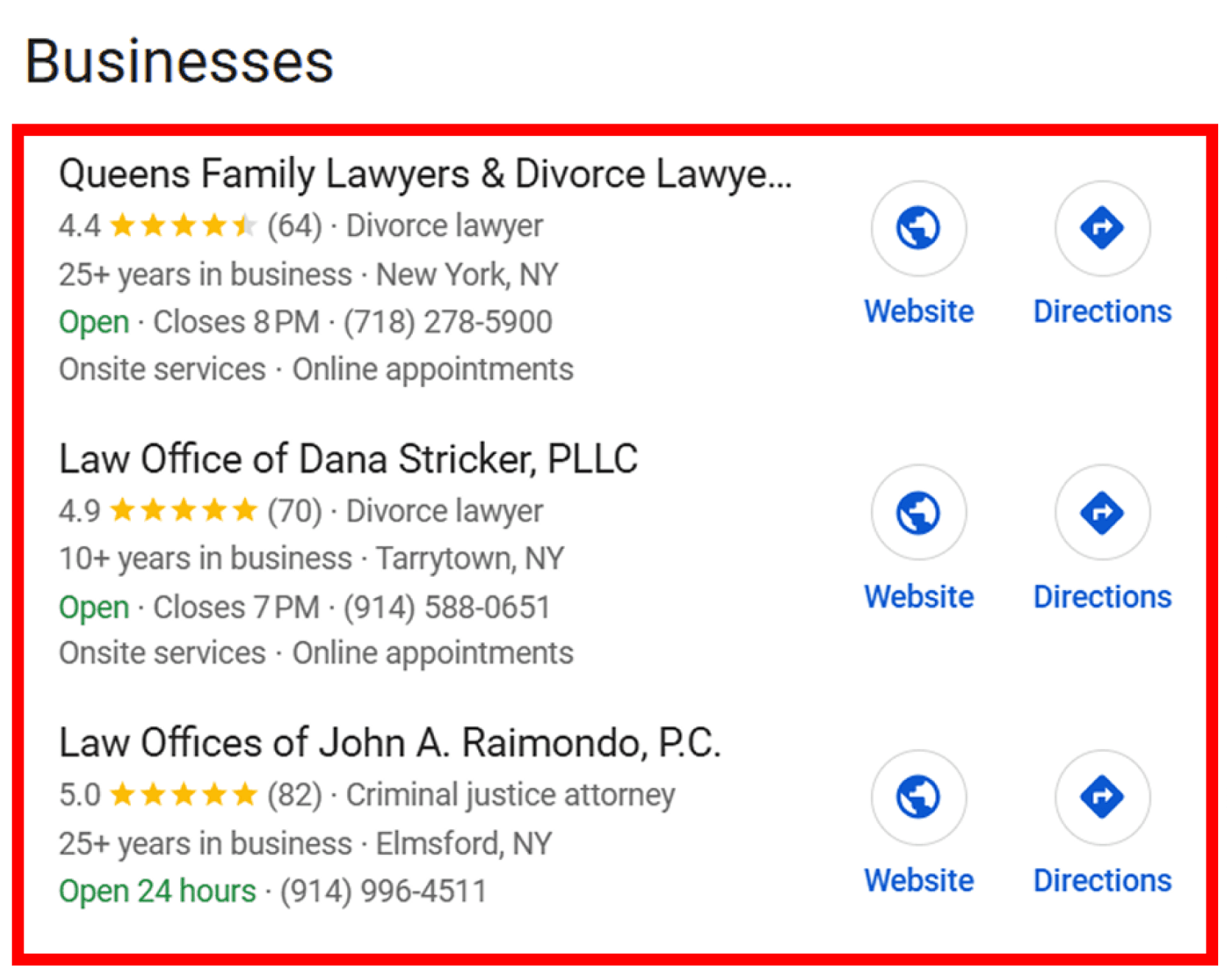Google search results showing law firms ranking above their competitors